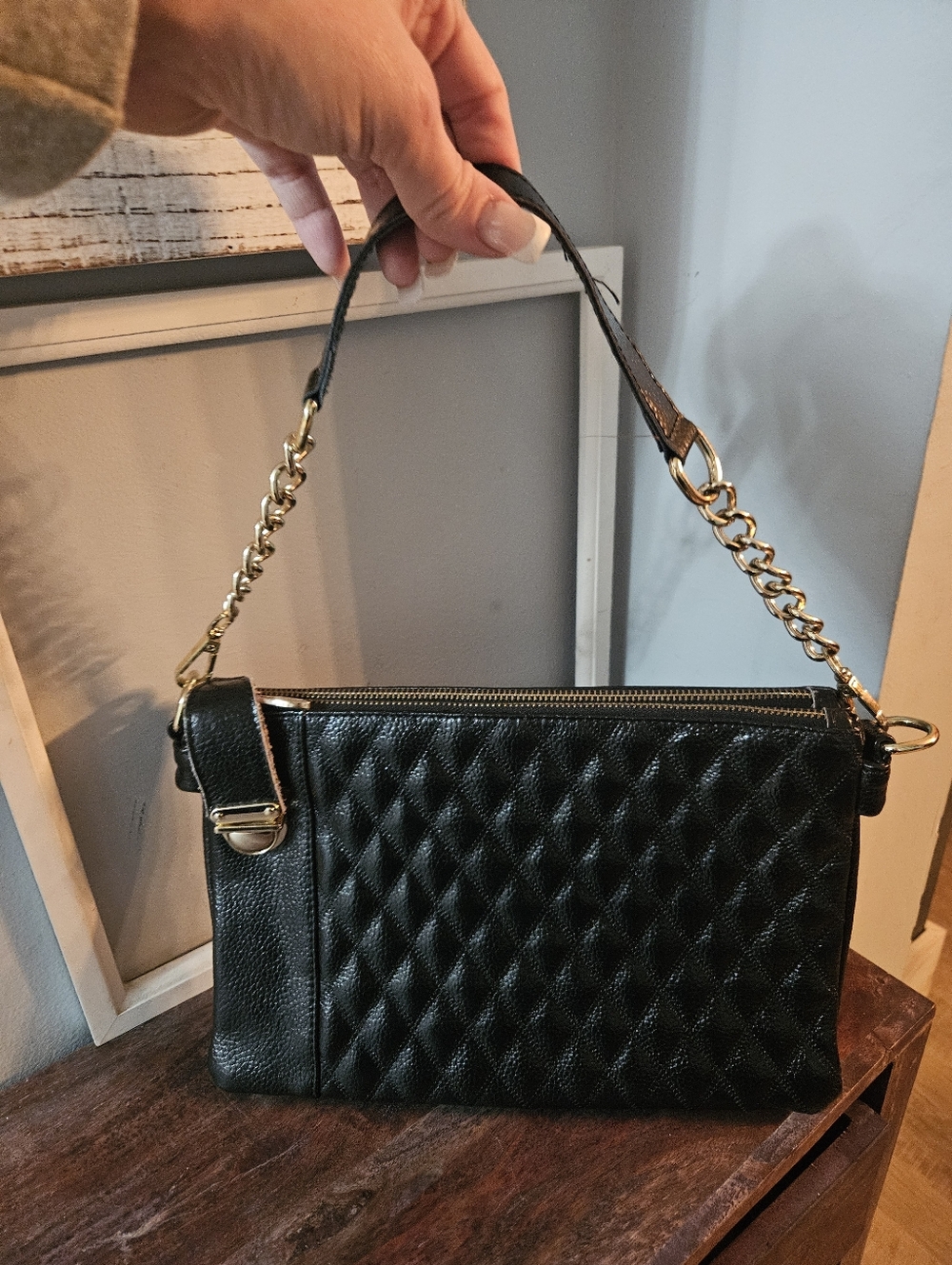 Soltani Vintage Quilted Black Shoulder Bag with Gold Chain Handle